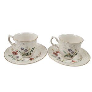Mikasa Margaux 2 Flat Cup & Saucer Sets Floral Embossed Basketweave Japan 1980s